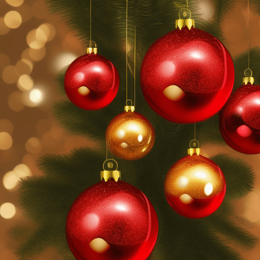 AI generated: red and gold Christmas balls and stars on tree backgroud