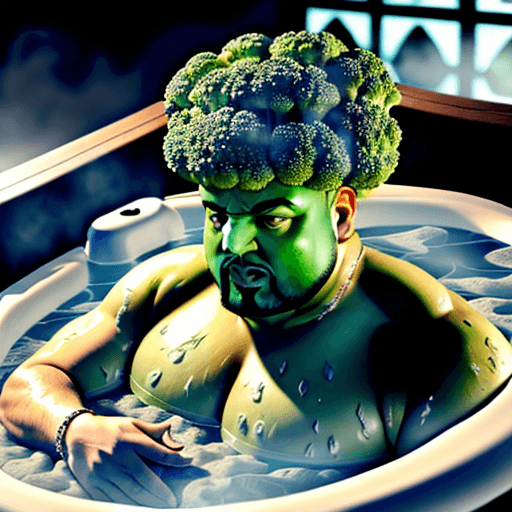 AI generated: broccoli man
 chilling in a hot tub with dj khaled ultra realistic 4k

