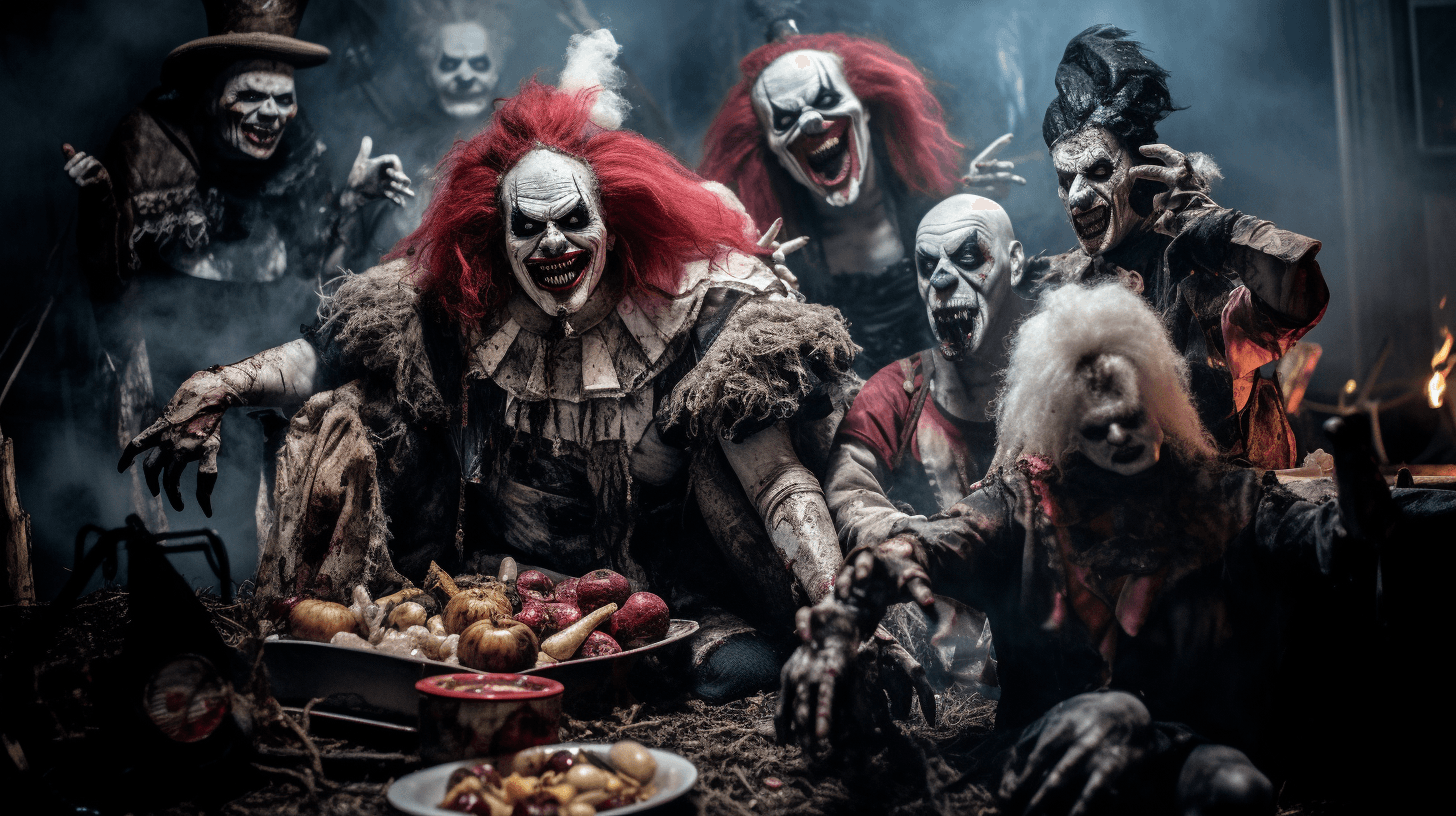 AI generated: foto of a carneval horror-event, many horror-clowns. eating meat