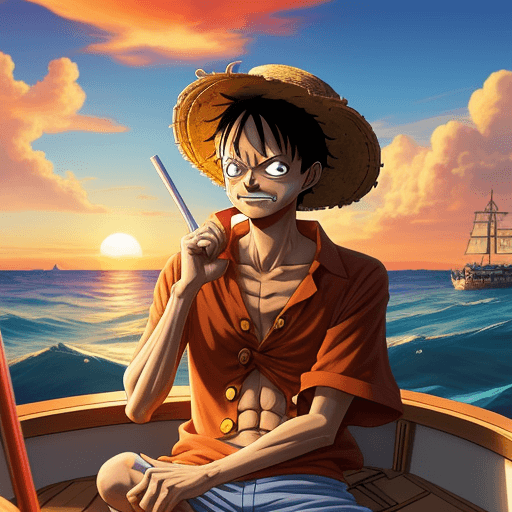 AI generated: Luffy from the manga One Piece is watching a sunset on his boat named Thousand sunny. Luffy is cryin...
