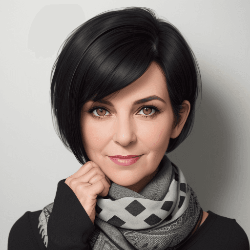 AI generated: A woman wearing a black top and a gray-toned patterned scarf is looking at the camera with her chin ...