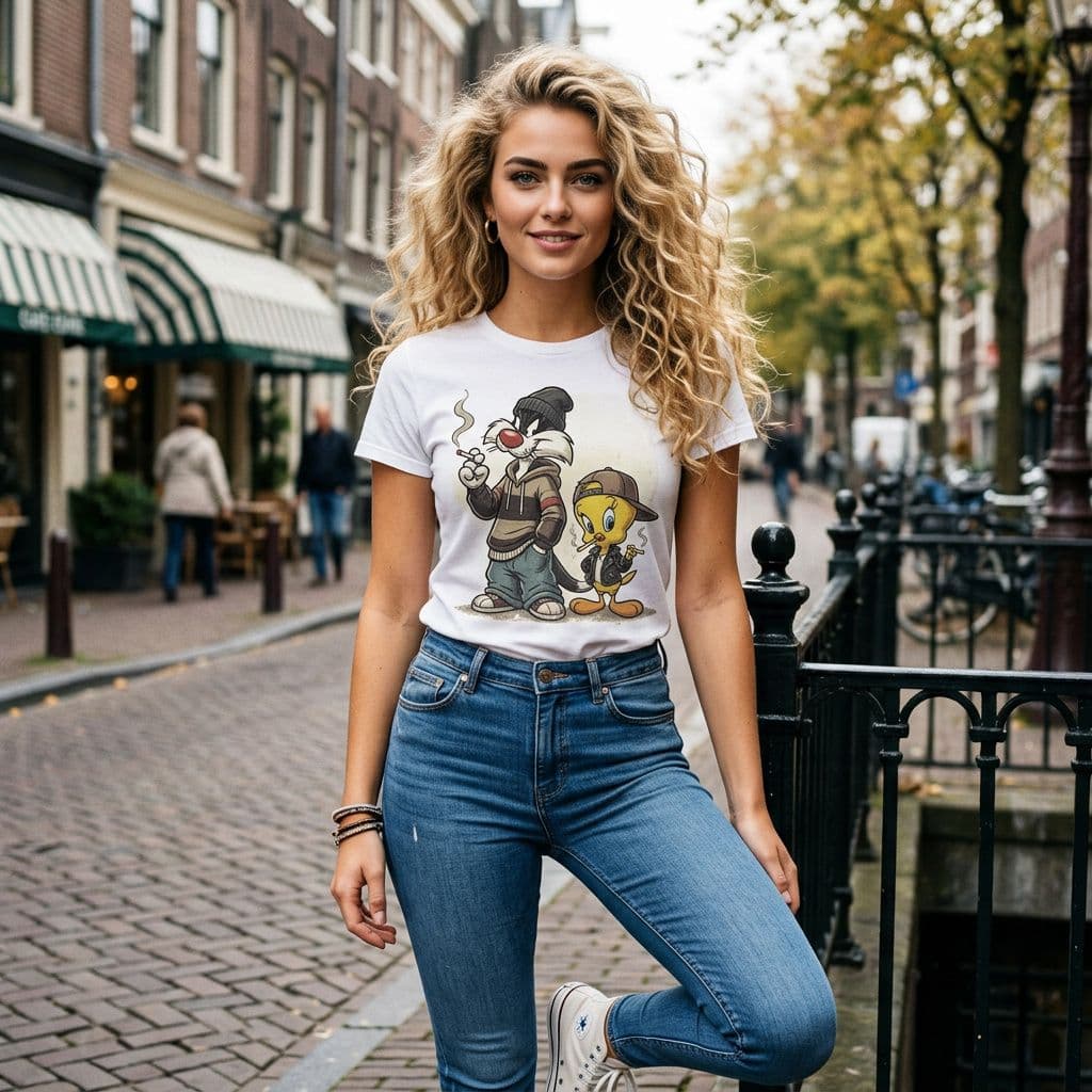 AI generated: 4K image of a beautiful blonde girl with long curly hair.wearing skin tight blue jeans and a tight, ...