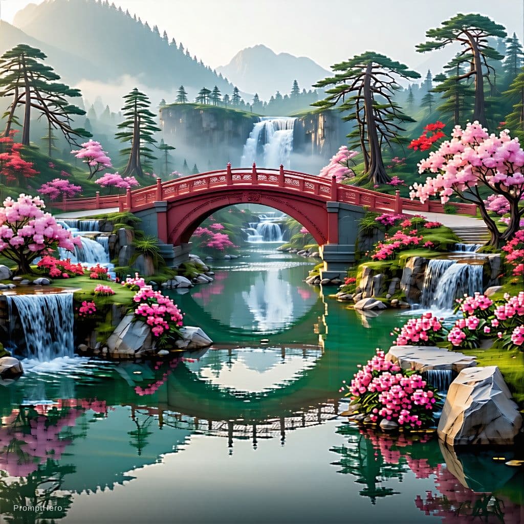 AI generated: long range view, Beautiful Japanese flower garden, elegant bridges, waterfalls, pink and white, by A...