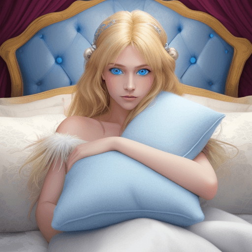 AI generated: Princess with blue eyes and blond hair on a bed with pillows, feathers and wool
