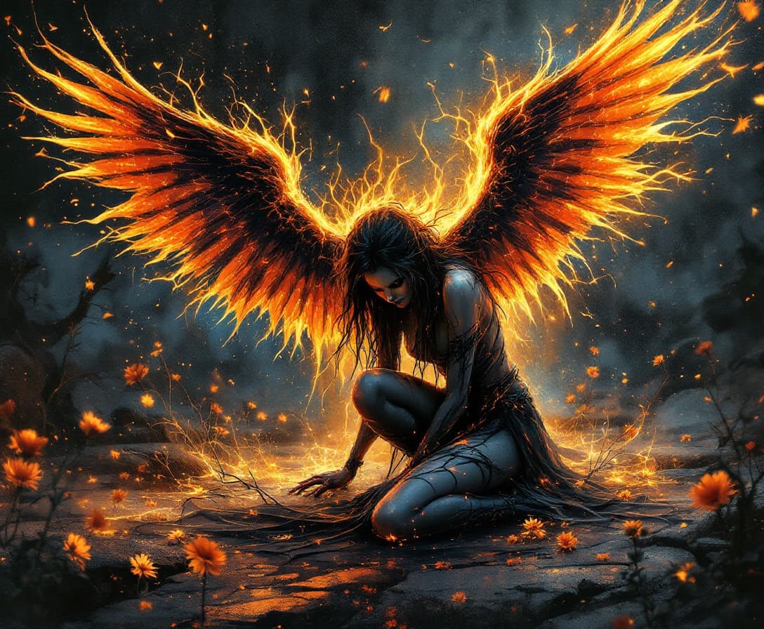 AI generated: ((("Dark Phoenix"))) gothic font text style, holographic foil quill paper art style, 3D, HDR Dark Fa...
