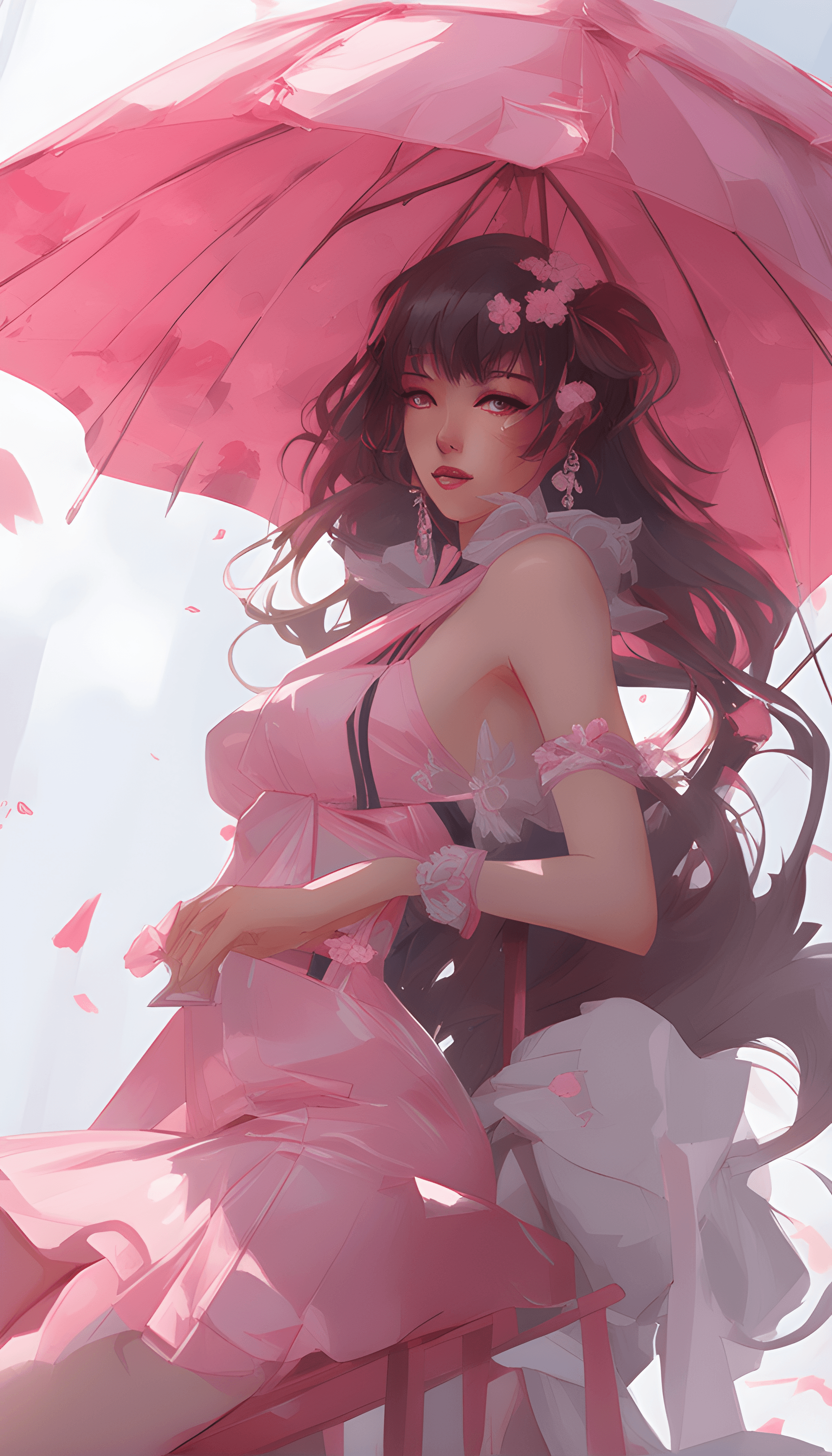 AI generated: there is a woman in a pink dress and with pink umbrella, guweiz, artwork in the style of guweiz, guw...