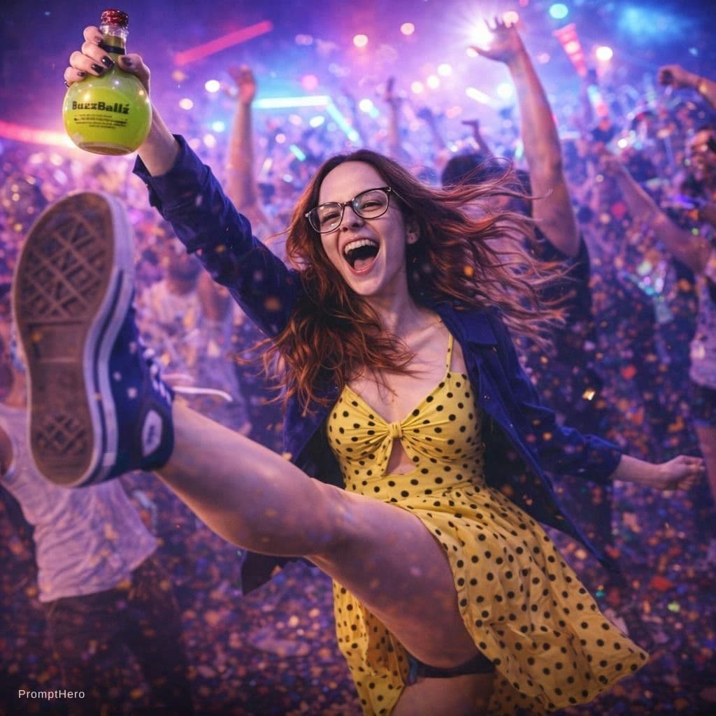 AI generated: at a rave girl does high kick while holding a Buzzball bottle