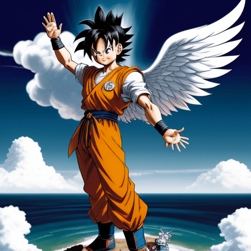 AI generated: Toriyama Akira's comic IP Goku, with white angel wings behind him and an angel ring on his head, wav...