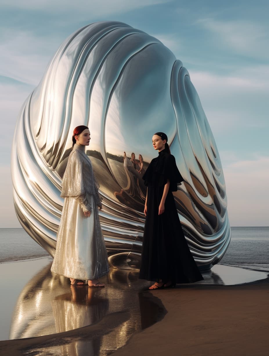 AI generated: a couple of women standing next to each other on a beach, a surrealist sculpture, tumblr, slavicturi...