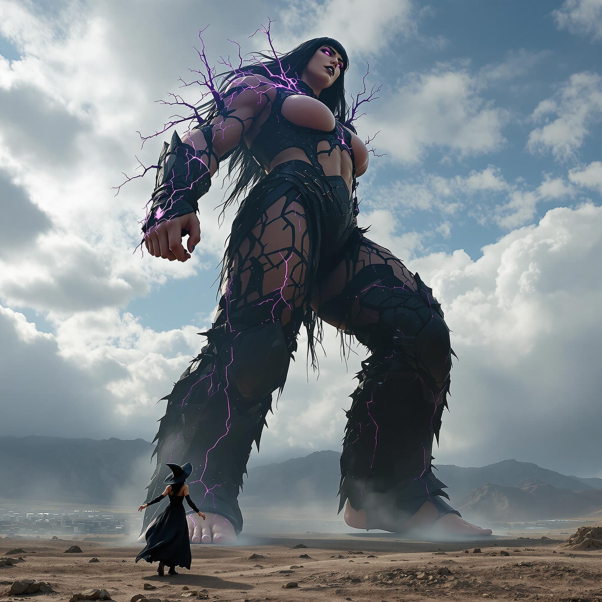AI generated: enormous giantess female Rhea Ripley from WWE with black medium length hair and straight bangs, bigg...