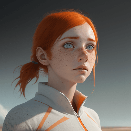 AI generated: a woman with freckles looks out into the world, in the style of vray, white and orange, warmcore, ph...