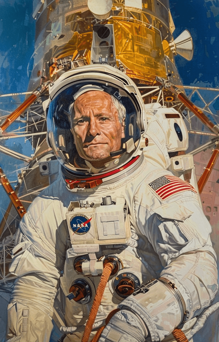 AI generated: A portrait of an astronaut in his space suit, with white hair and gray eyes, wearing a helmet visor ...