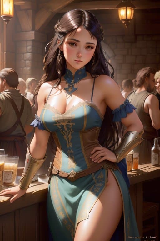 AI generated: beautiful young girl in a tavern, medieval innkeeper girl, simple innkeeper clothes, medieval clothe...