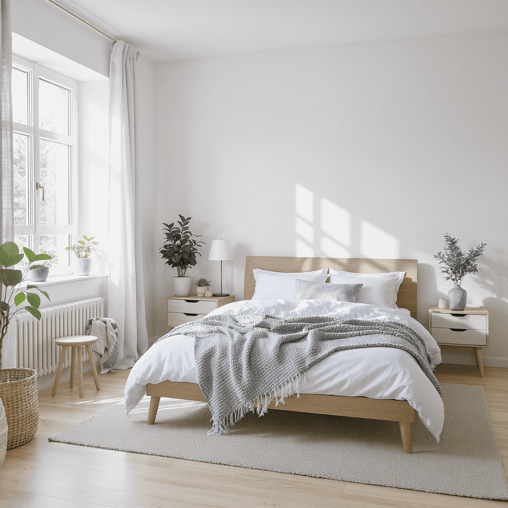 AI generated: A serene Scandinavian-style bedroom featuring minimalist furniture in light wood tones, a cozy bed w...
