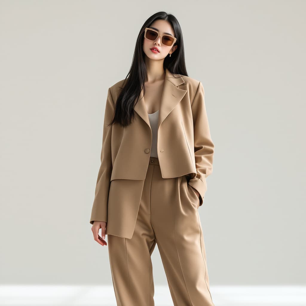 AI generated: A 23-year-old Korean woman with sleek long black hair and flawless skin, wearing a modern crop suit ...
