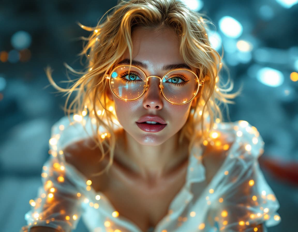 AI generated: A glowing skin girl, she has gold skin, golden eyes, wears nerdy glasses, is wearing a white see thr...