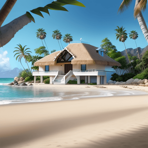 AI generated: Hyper realistic eye level exterior photo of a tropical vila at Malibu beach