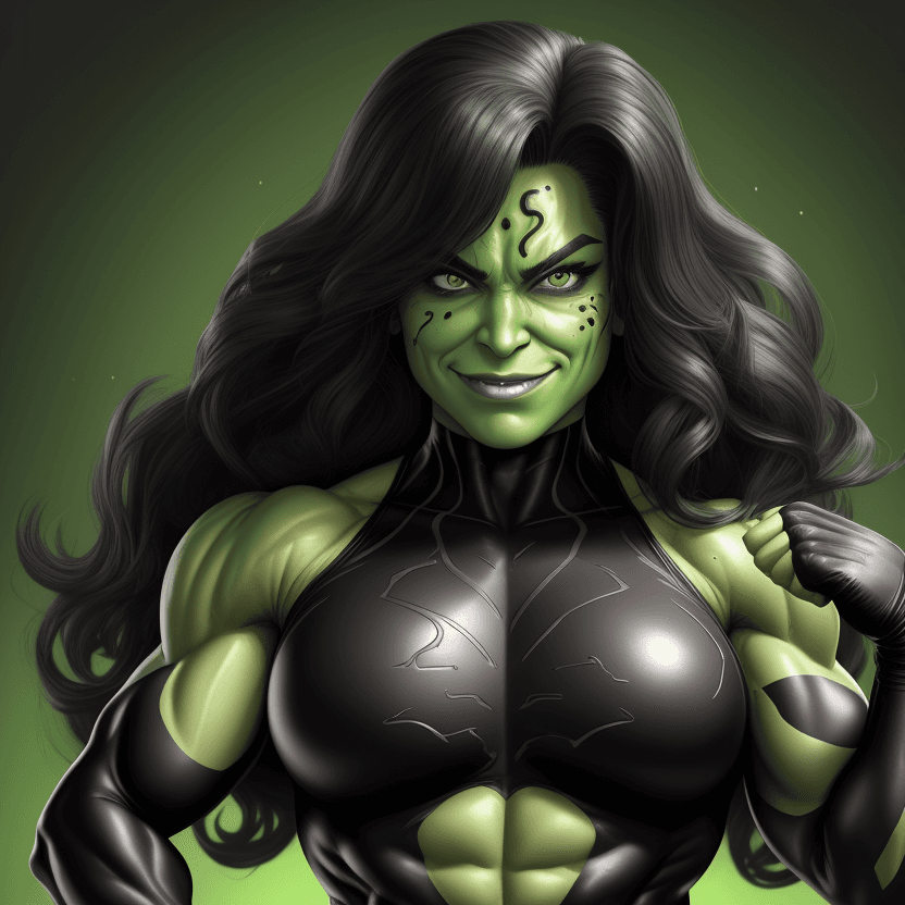 AI generated: 1 bodybuilder woman wearing symbiote, She-Hulk, young beautiful face, soft face, full body visible, ...