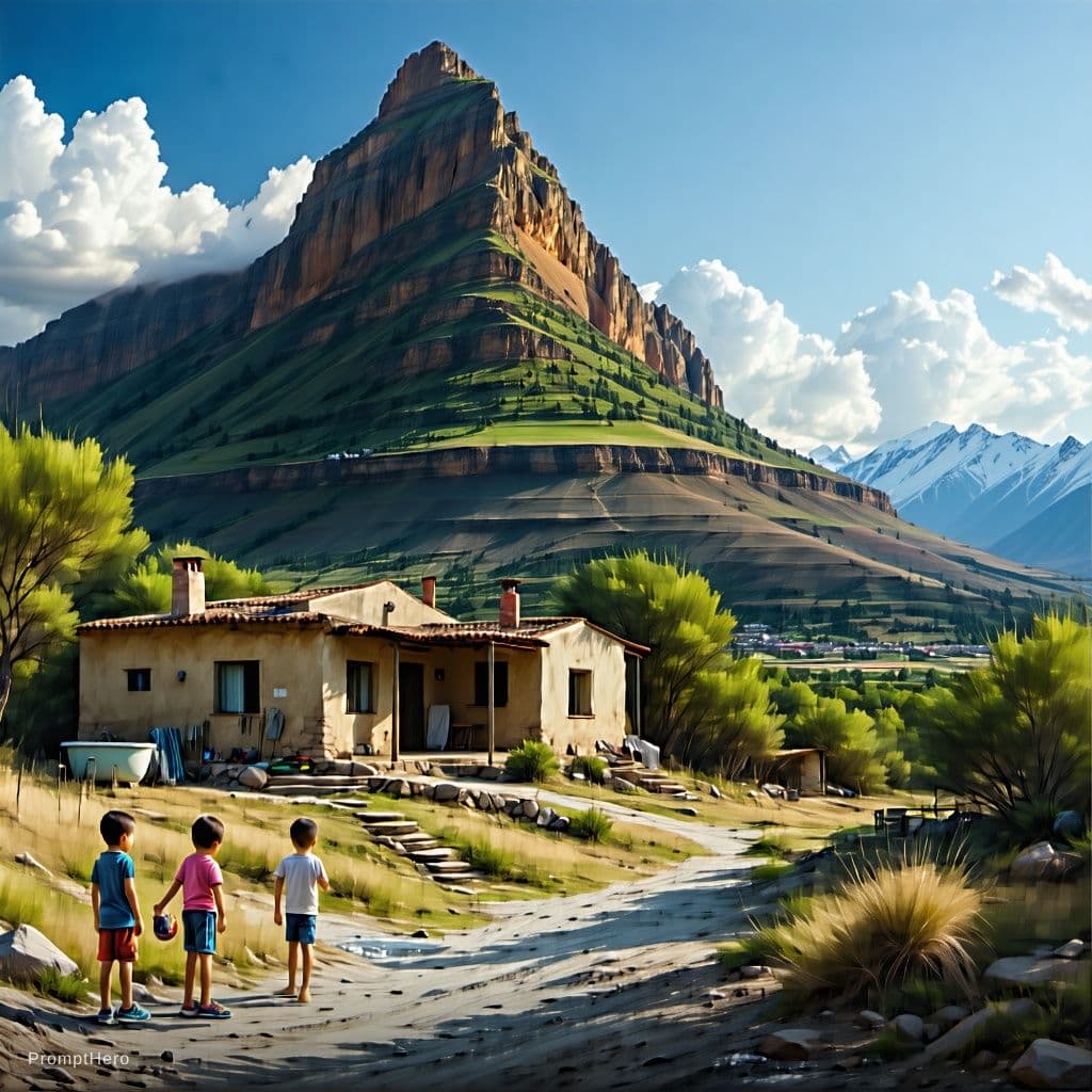 AI generated: A highly detailed matte painting of boys and girls at the foot of a massive hill, with a house featu...