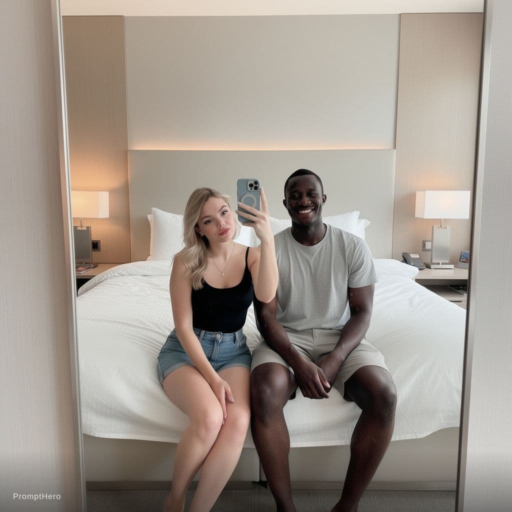 AI generated: {
  "scene": {
    "setting": "Modern hotel room",
    "background_details": {
      "furniture": "L...