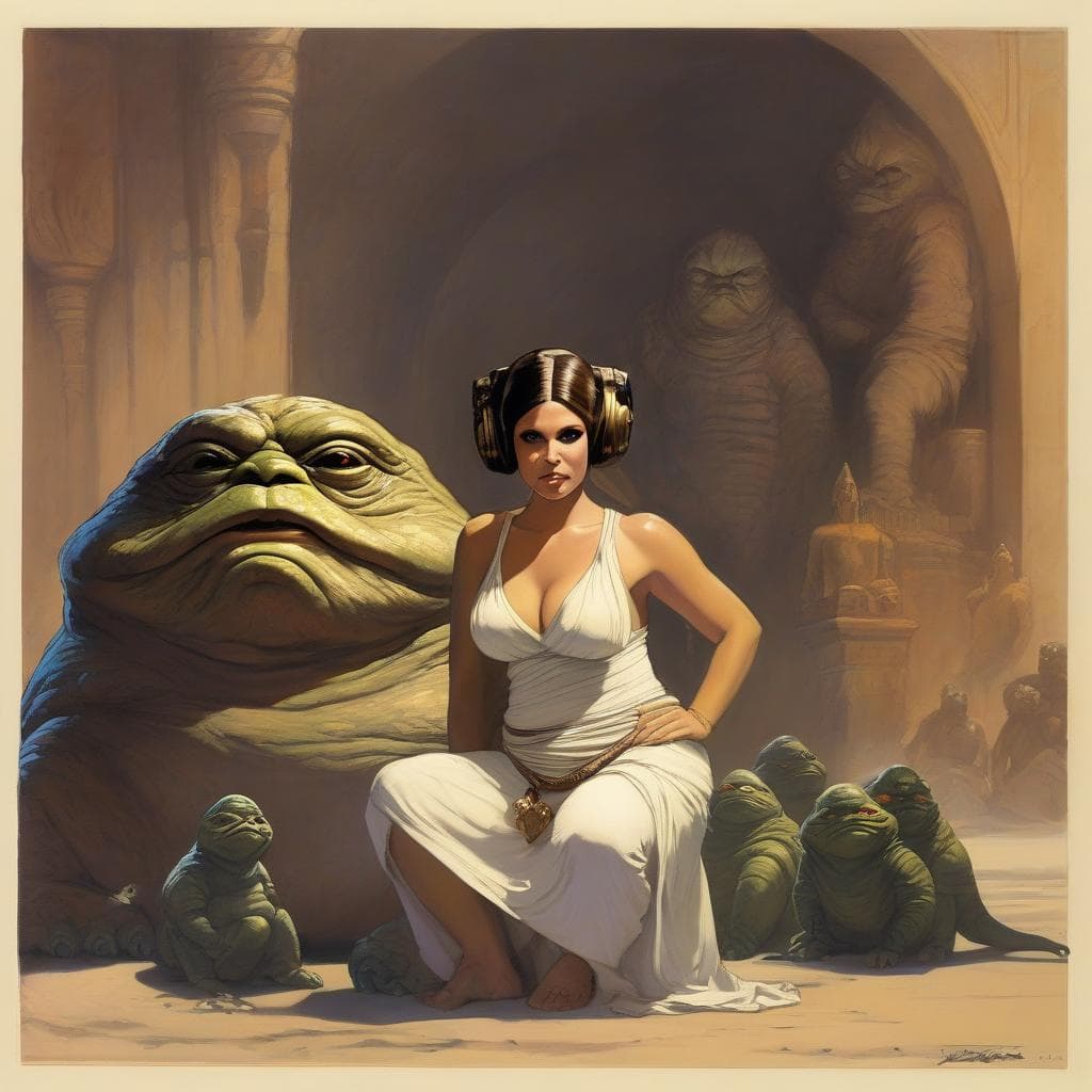 AI generated: (submissive Princess Leia as a harem slave in chains, 1.3) of (Jabba the Hutt, 1.8), style of Frank ...