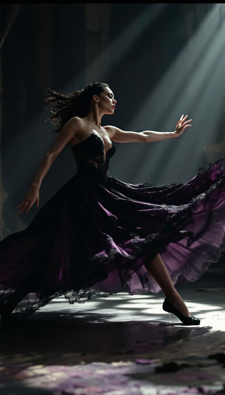 AI generated: "Shadow's Dance: A Twilight Ritual": A live-action film scene portrays a female dancer, framed at a ...