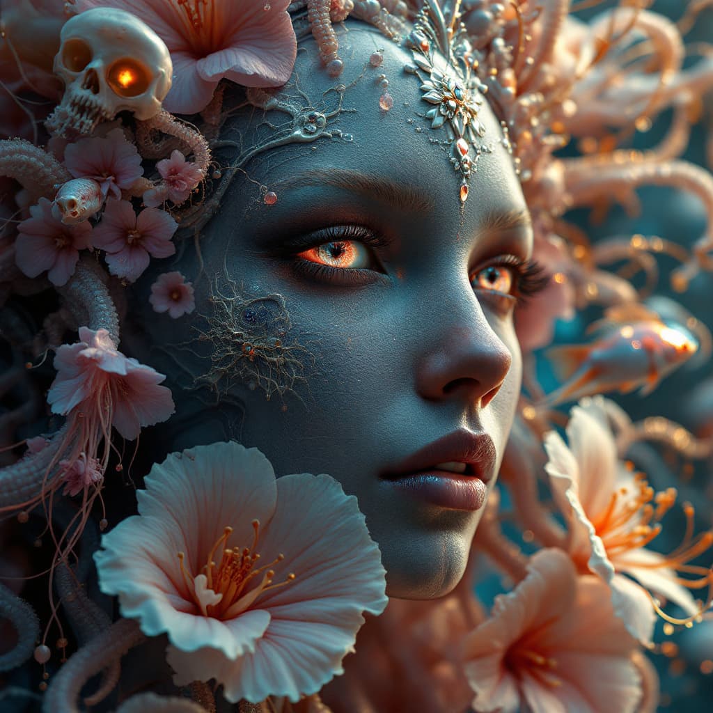 AI generated: Goddess close-up portrait ribcagel. jellyfish phoenix head, nautilus, orchid, skull, betta fish, bio...