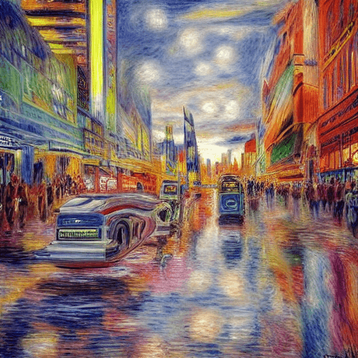AI generated: Pierre Auguste Renoir, a futuristic cityscape with elegant architecture, a developed transport syste...