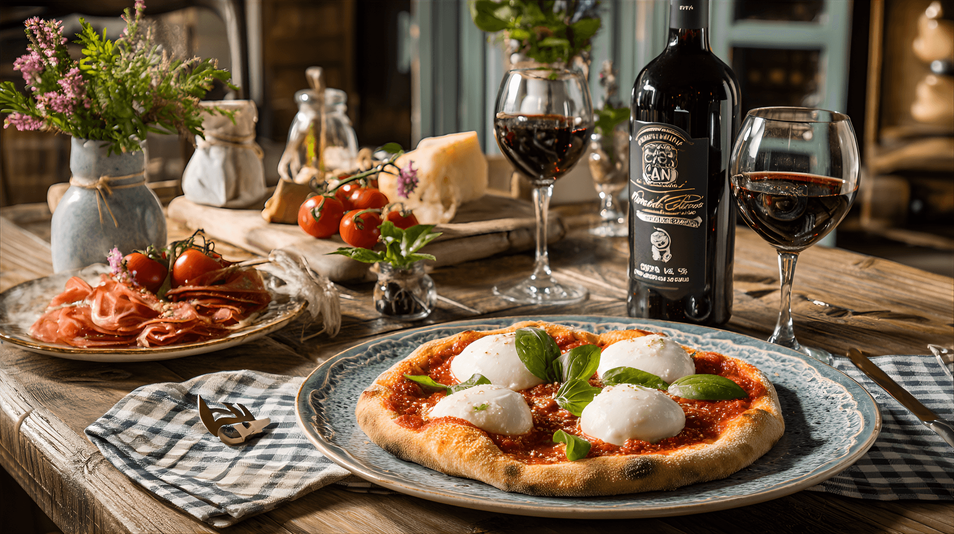 AI generated: food photography of an A vibrant and colorful Italian dinner scene showcasing a Margherita pizza on ...