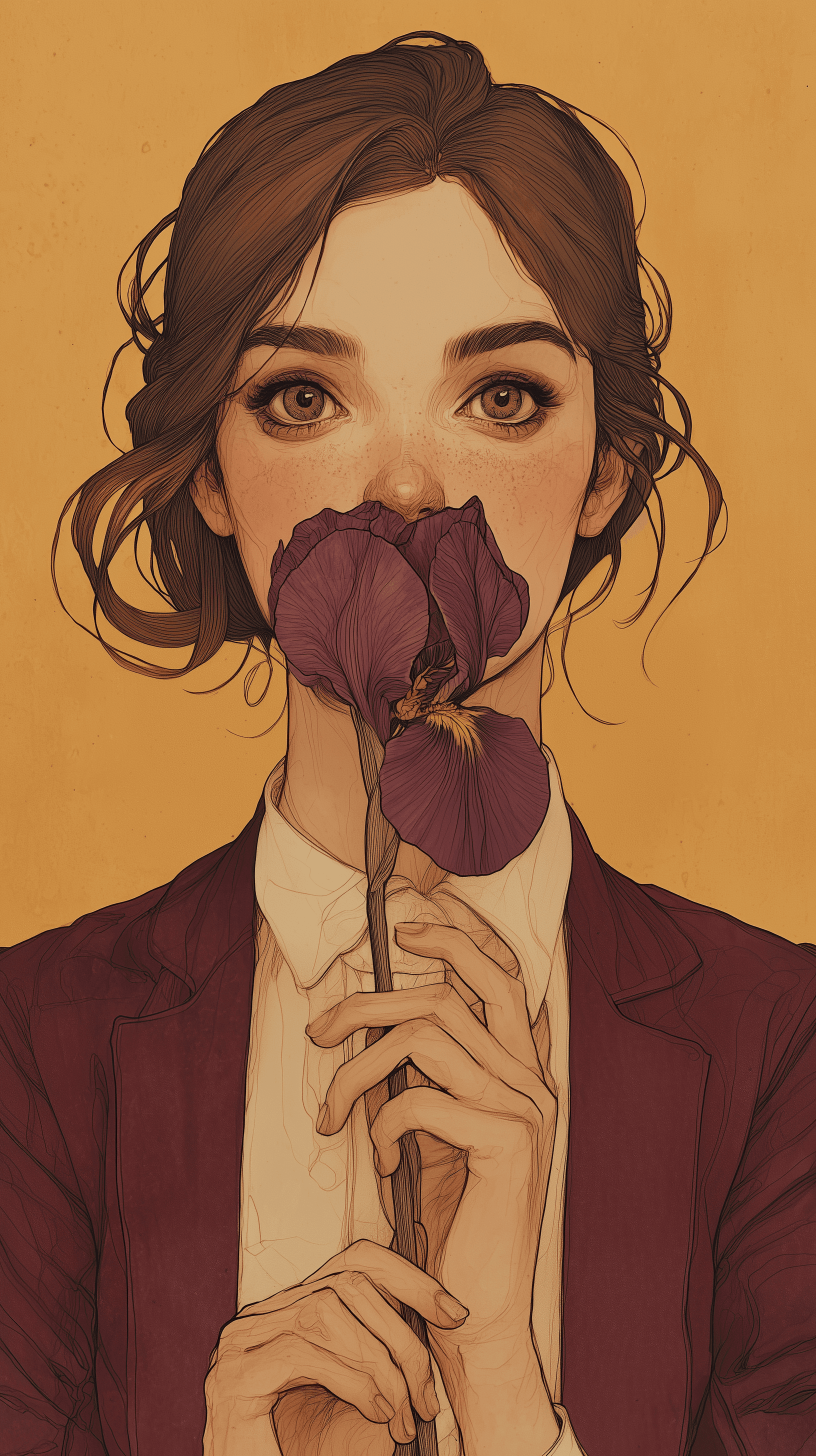 AI generated: watercolor painting, woman, portrait, gaze, wearing a deep burgundy jacket with white shirt, holding...