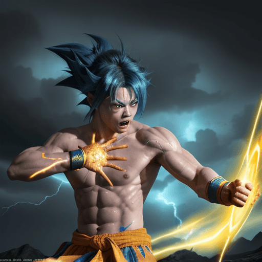 AI generated: "painterly style, Goku fighting at war, raging, blue hair, character design, body is adorned with gl...