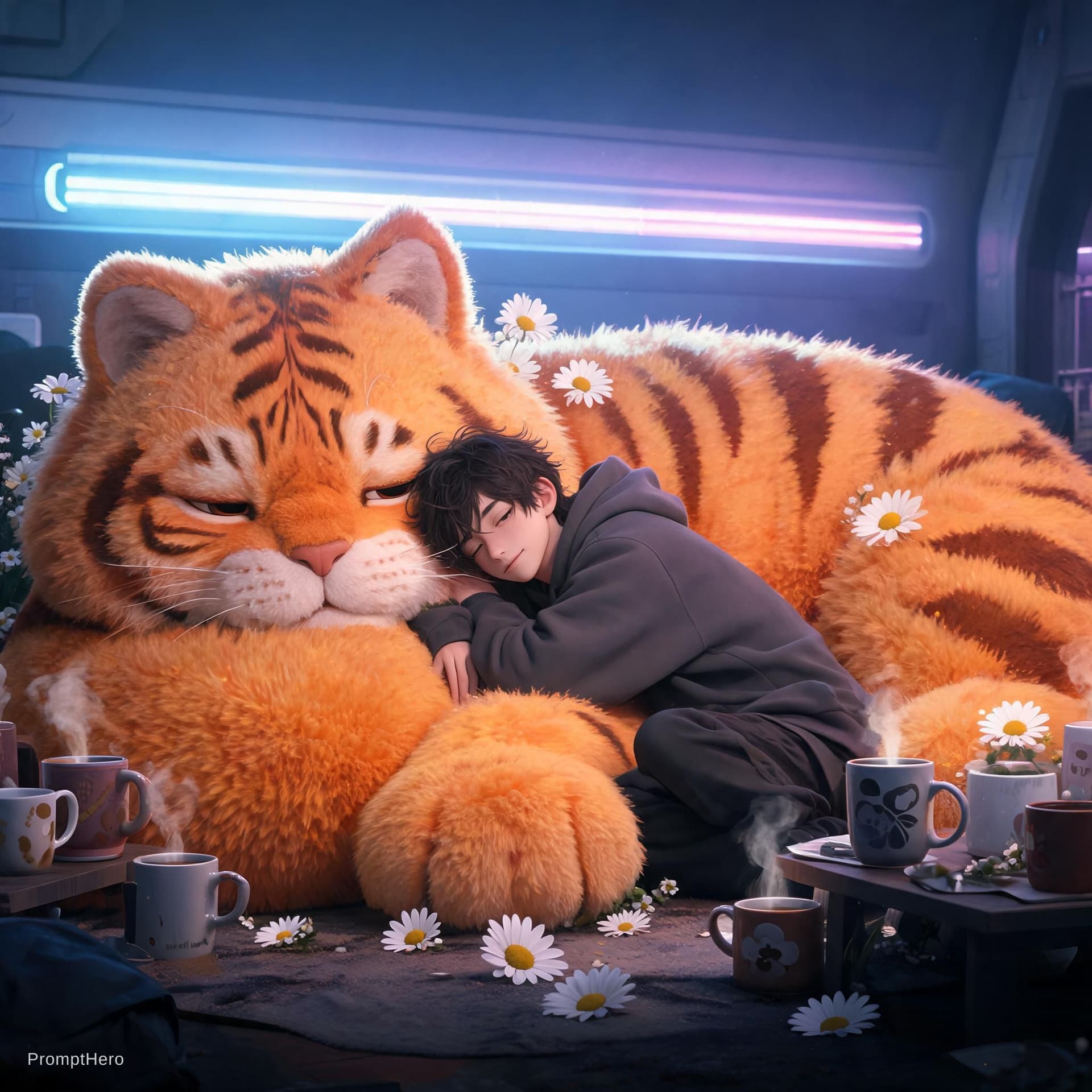 AI generated: sci-fi . Stripe of light . Fantasy. Guy cuddled up with a giant sized cat/tiger as if the cat was a ...