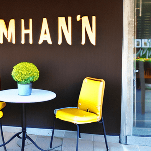 AI generated:  full picture of coffee shop with MaiHan name's, front door view, chairs and table
