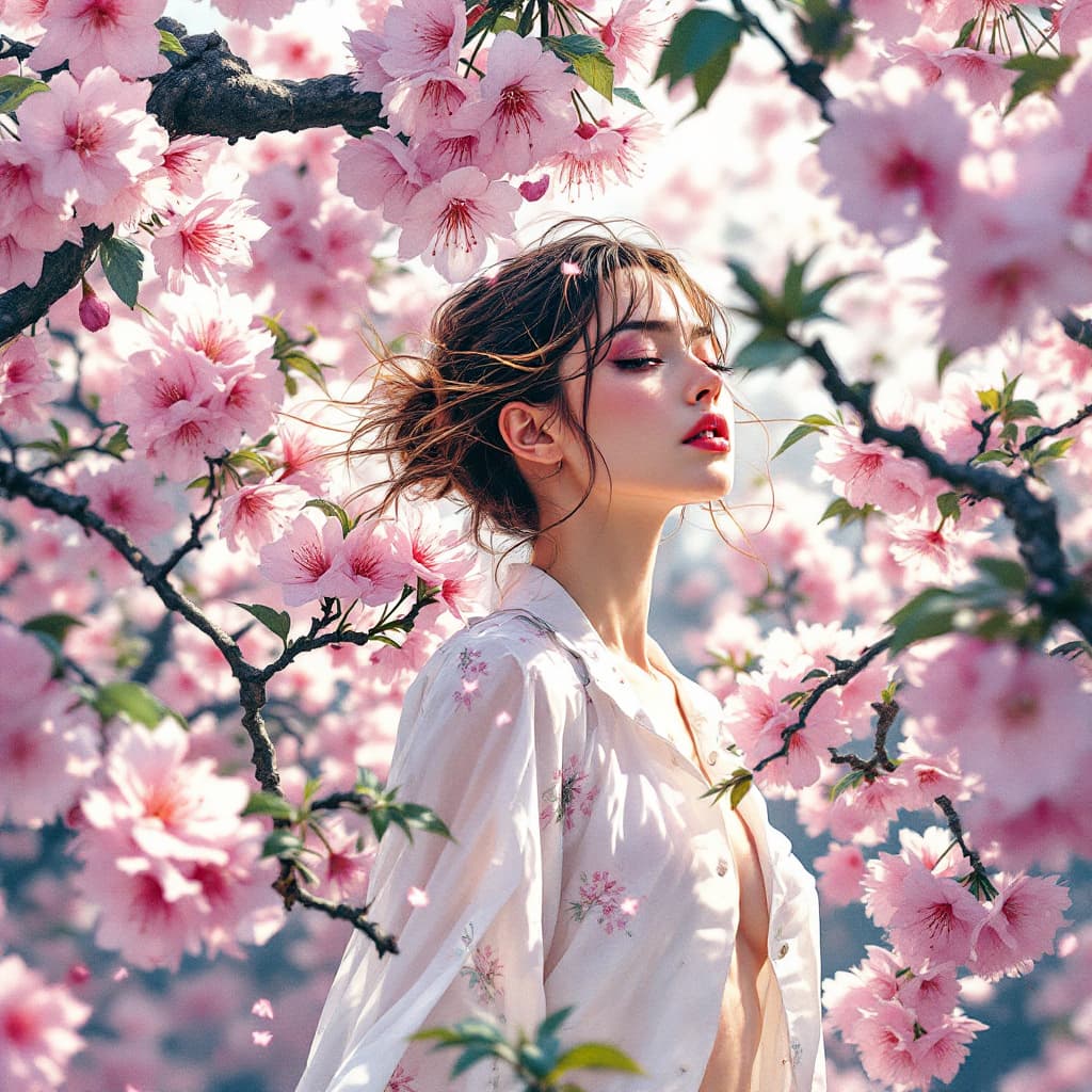 AI generated: Cherry blossoms bloom, Softly falling to the ground, Springtime's fleeting grace| dynamic pose | cen...