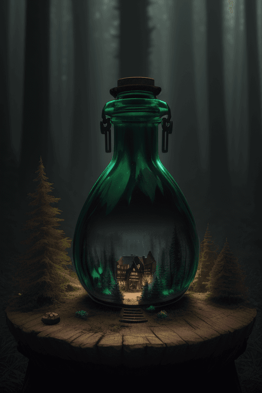 AI generated: (a big bottle in the forest, inside the bottle there's a mini town ) intricate forest atmosphere, at...