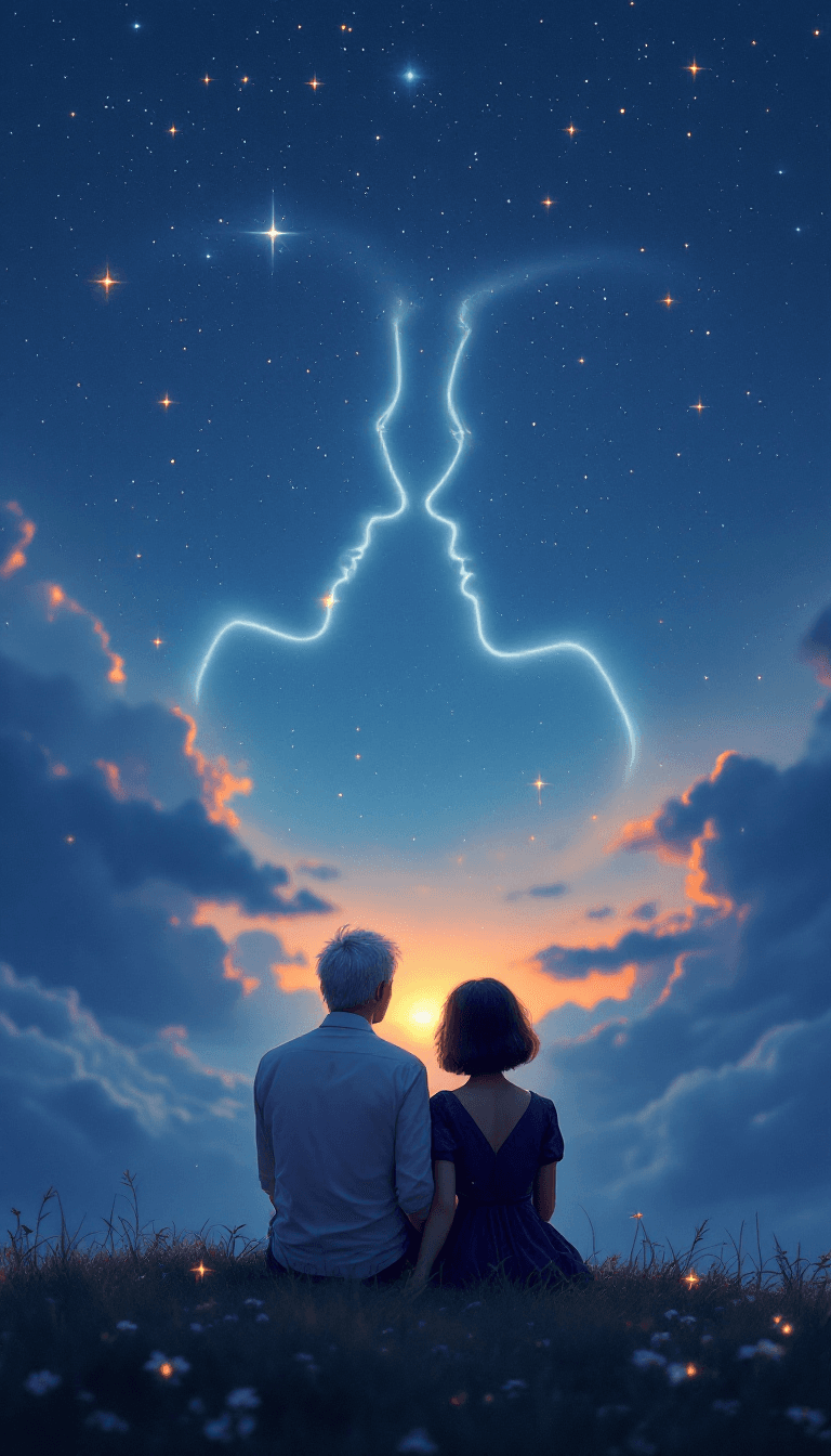 AI generated: A serene, dreamy night sky with glowing outline of a couple in love, their heads gently touching eth...