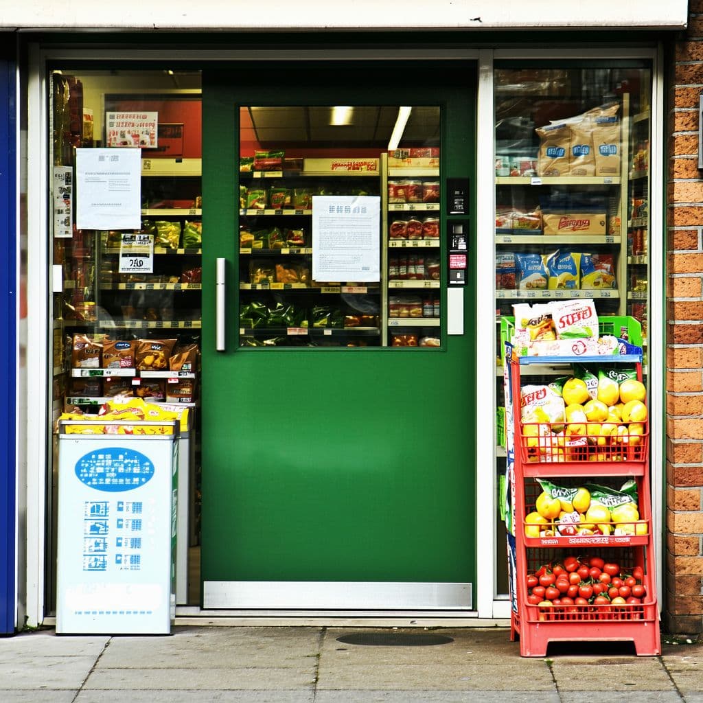 AI generated: The photo shows the entrance door to a small grocery store.

