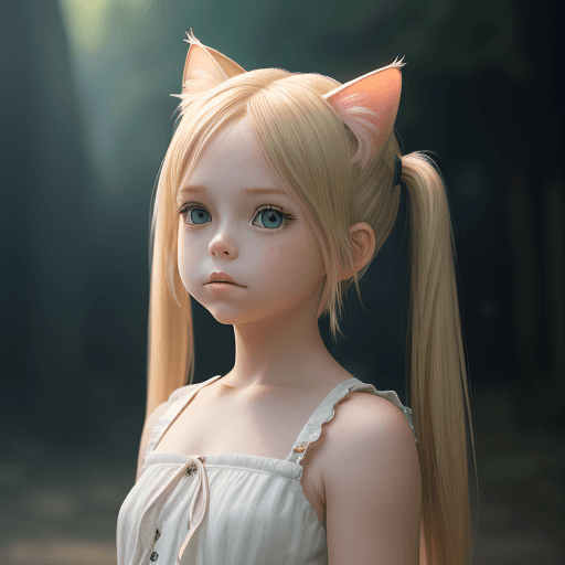 AI generated: little blonde girl with pigtails female cat ears, beautiful face, masterpiece, 8k, dynamic pose, imm...