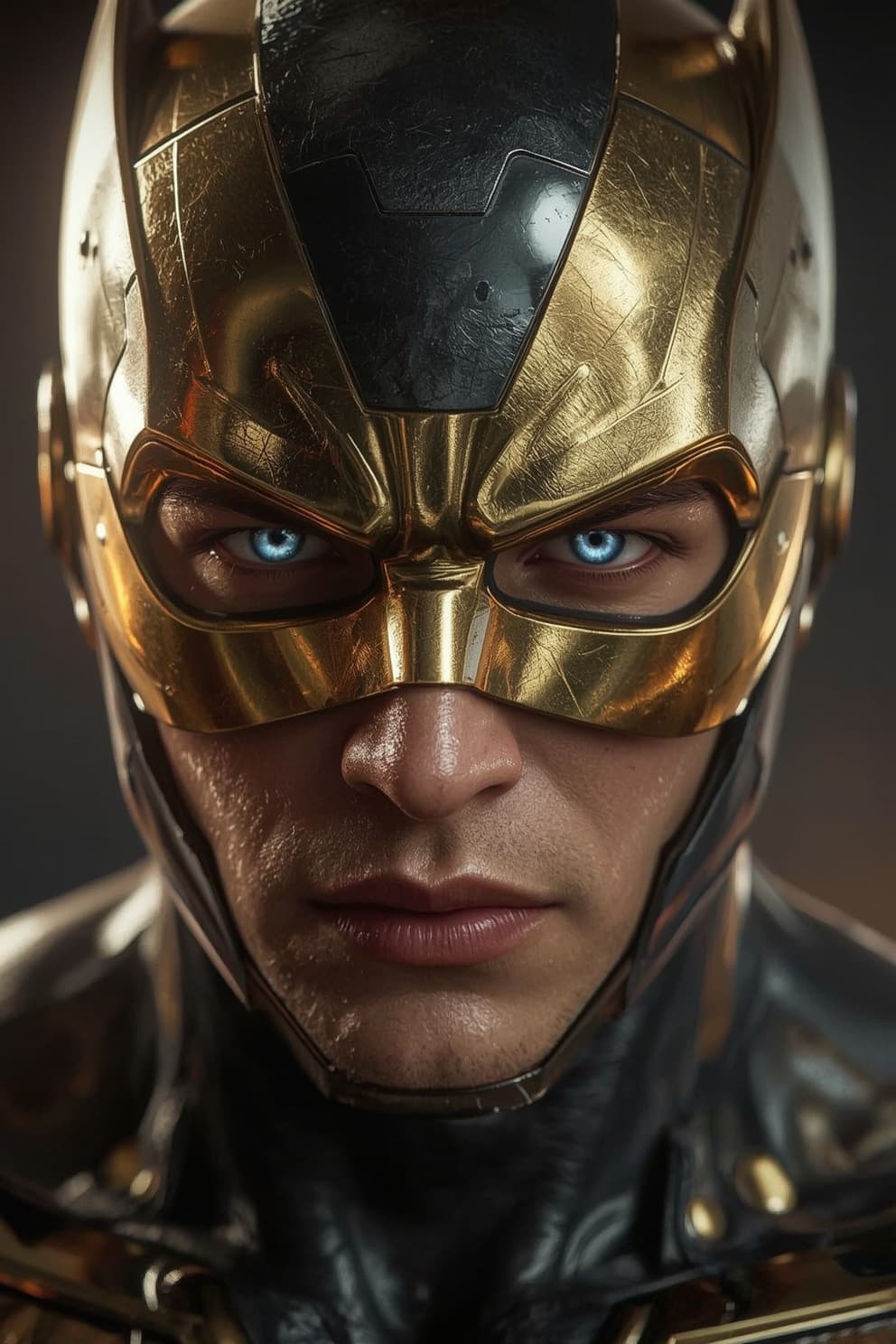 AI generated: "Close-up 3D render of a powerful and attractive male superhero wearing a futuristic golden battle m...