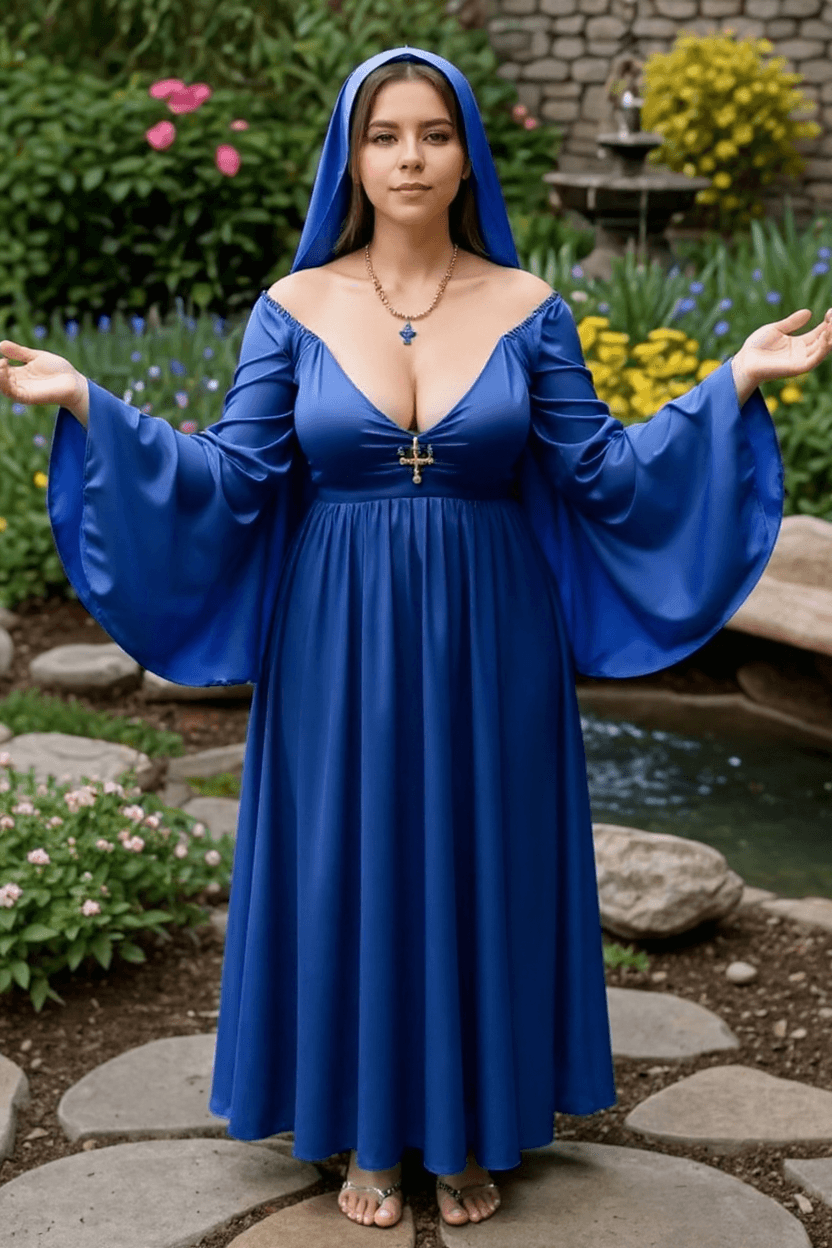 AI generated: standing, barefoot, opening the arms and revealing the tops of the breasts