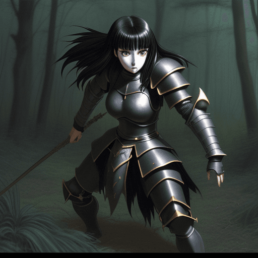 AI generated: dark horror fantasy, ”a girl with black hair and golden eyes in armor fights with a monster in the f...