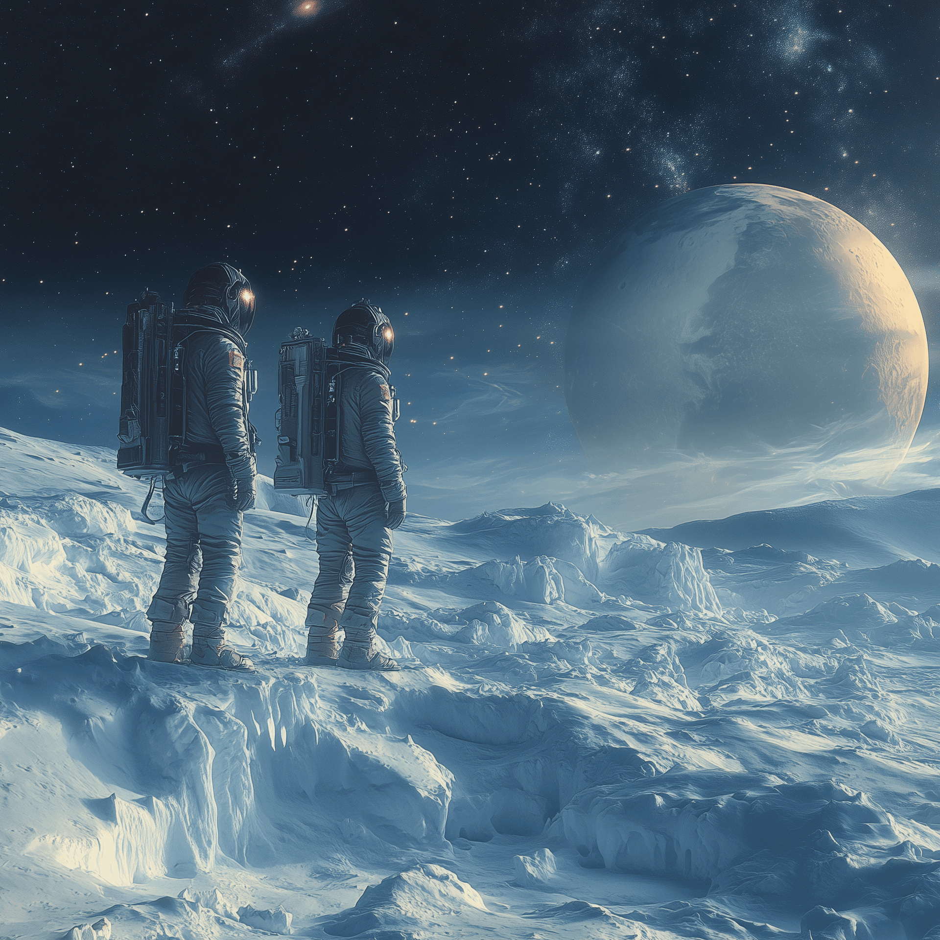 AI generated: Two astronauts standing on the surface of an icy moon, next to their spacecraft, gazing at distant p...