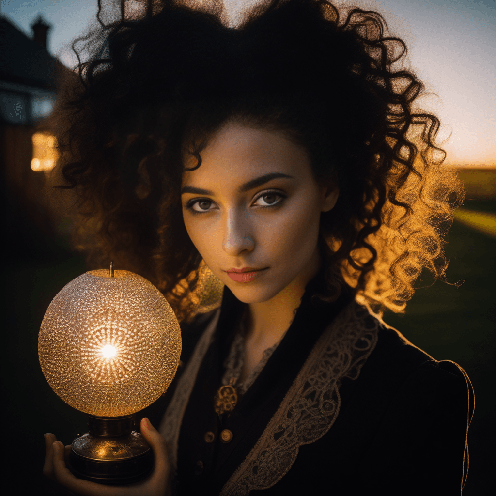 AI generated: beautiful young steampunk girl, freckles in the face, in a yard, long very curly hair, intrincated s...