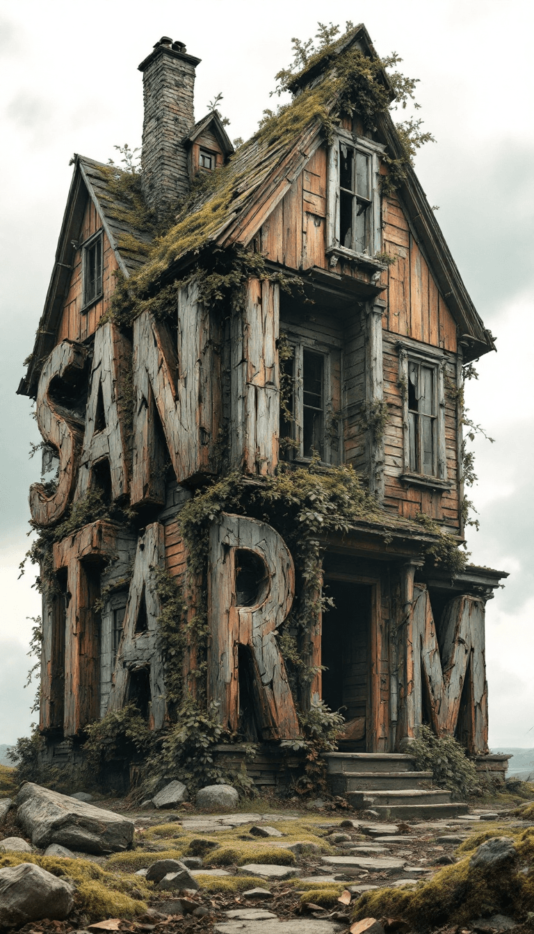AI generated: A dreamlike scene of a house built entirely from giant wooden letters spelling ‘Sanitarium’, each le...