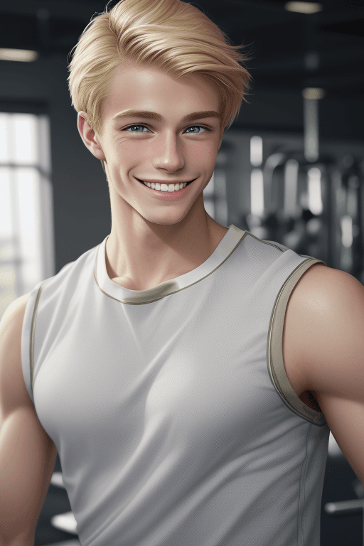 AI generated: Photo of fit, blond young European man smiling confidently wearing sportswear in gym (Original photo...