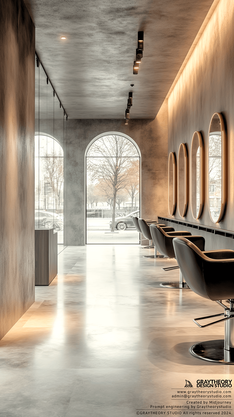 AI generated: Photography a contemporary hair salon, filled natural light on a cloudy morning, warm grey-concrete ...