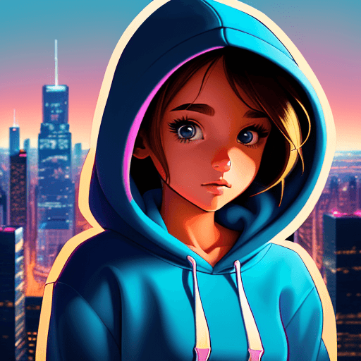 AI generated: a cartoon drawing of a girl in front of a city in a hoodie close up, pansto art style,