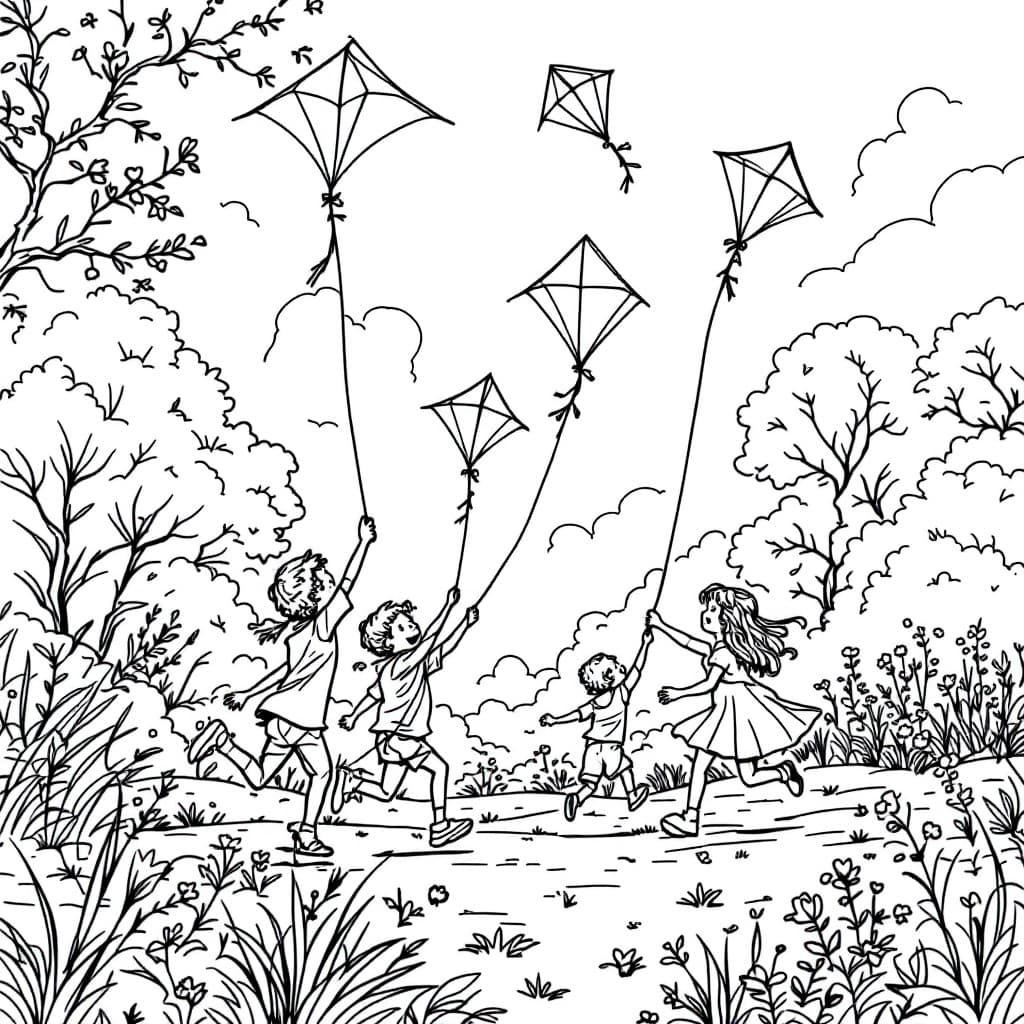 AI generated: igh-resolution black-and-white line drawing of children flying kites in the garden: A vibrant garden...