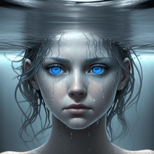 AI generated: the face of woman with beautiful blue eyes, in water, in the style of dystopian realism, realistic p...