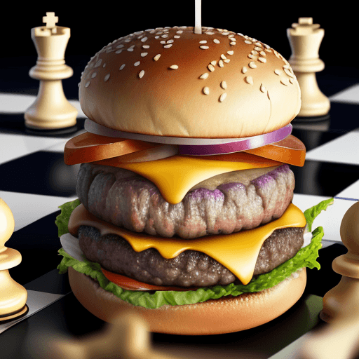 AI generated: Hyper realistic picture of a burger with chess pieces on top
